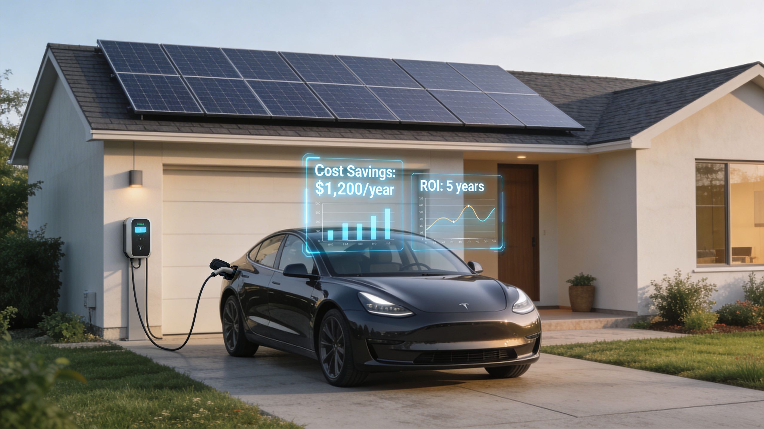 A black electric vehicle charging in front of a modern house with solar panels on the roof.