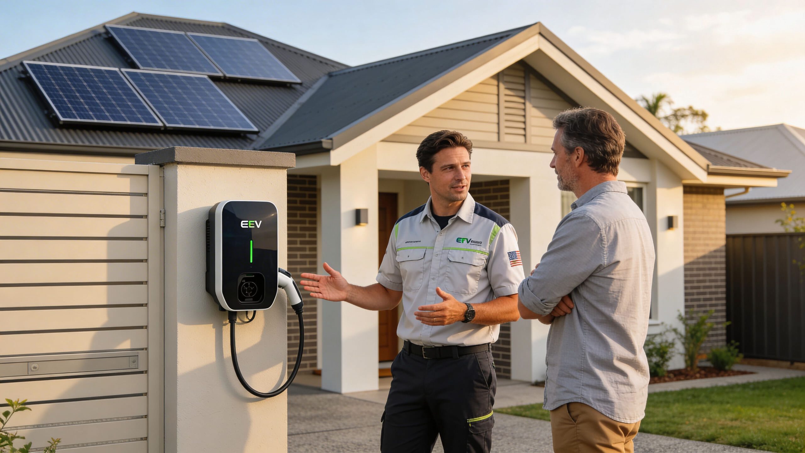 A technician explaining the features of an EEV home solar EV charger to a homeowner outdoors.