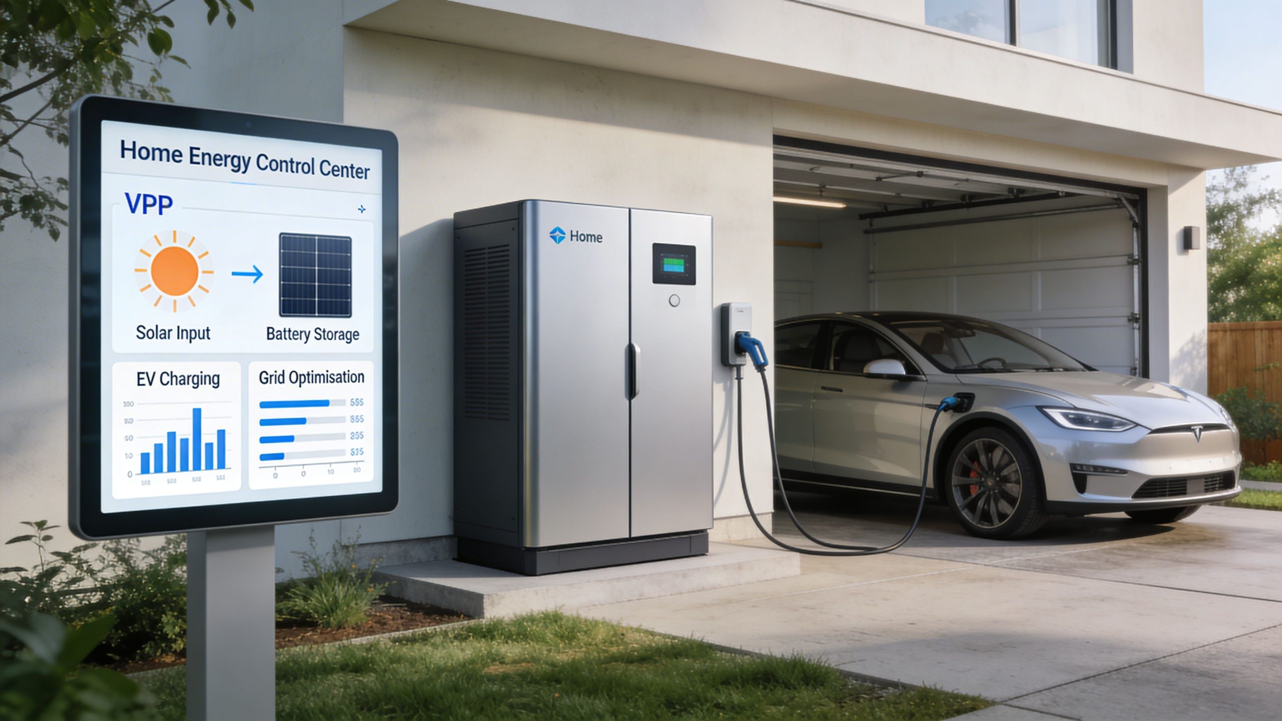 A modern home energy control center system charging a silver electric vehicle in a garage driveway.