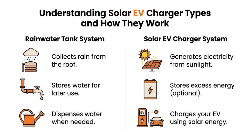 A comparison infographic showing how rainwater tank systems and solar EV charger systems function through similar steps.