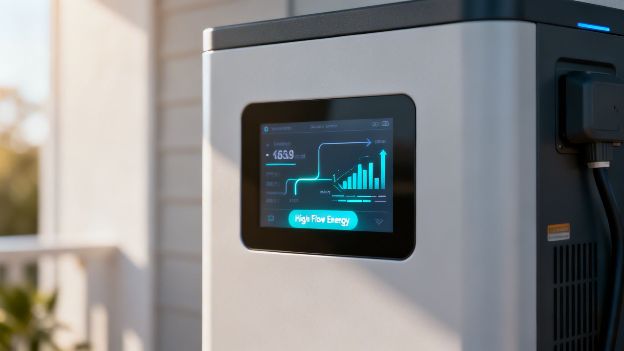 A modern solar power energy storage battery unit with a digital screen showing energy usage graphs.