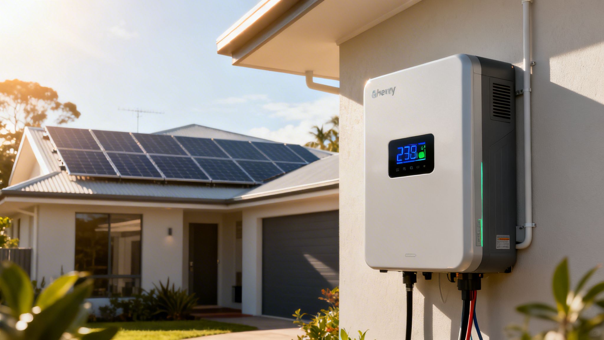 A modern white solar power inverter mounted on the side of a house with solar panels on the roof.