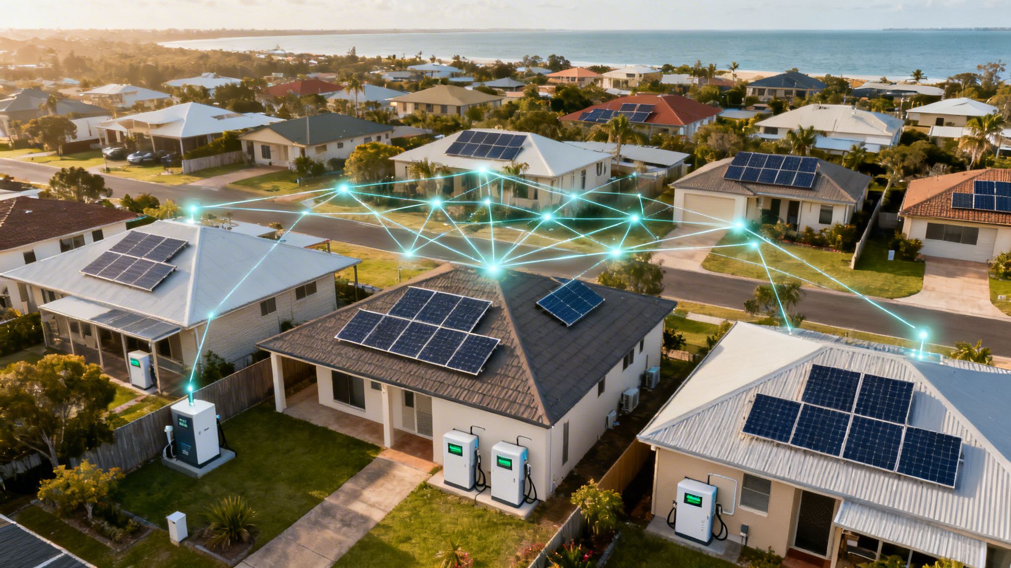 An aerial view of a suburban neighborhood showcasing interconnected solar panels and residential energy storage units.
