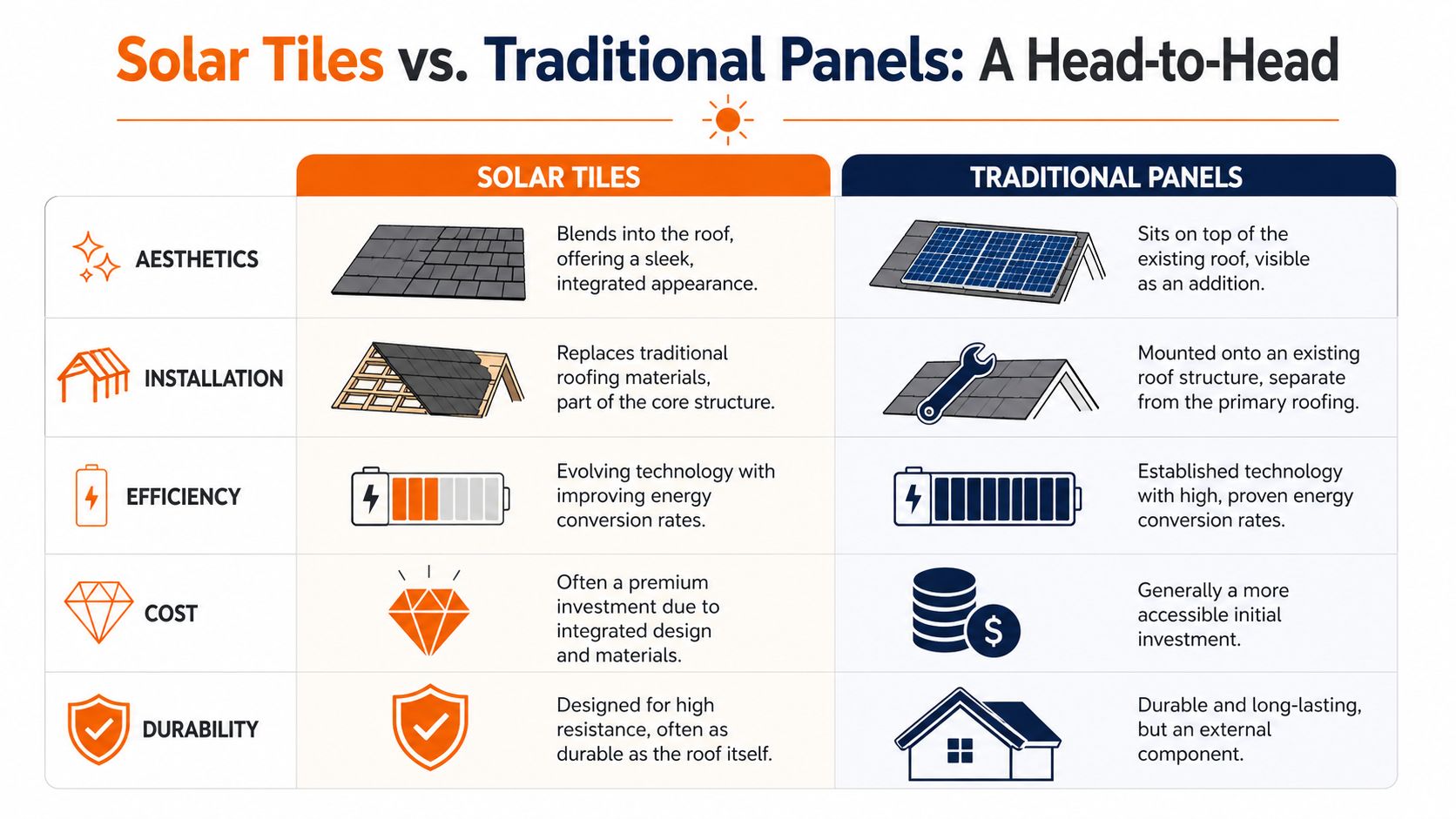 A comparison chart showing the differences between solar tiles and traditional solar panels across five key categories.