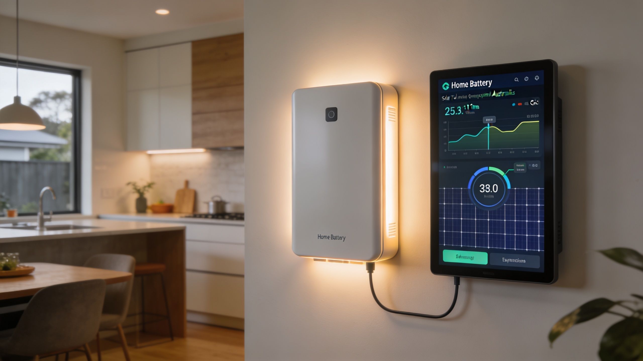 A modern home battery system mounted on a wall in a kitchen with a digital monitoring tablet.