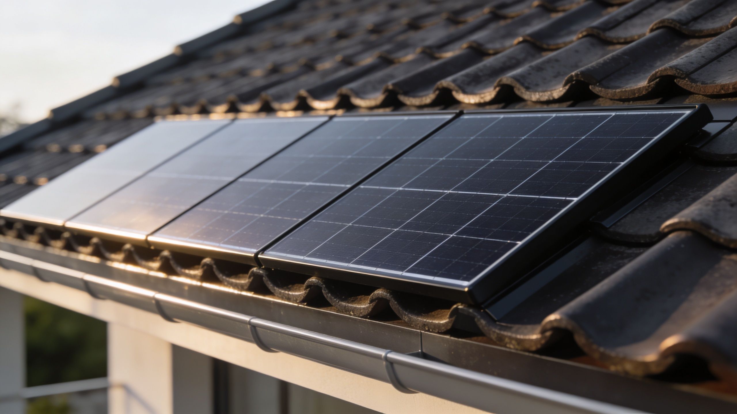 Close-up of black solar panels mounted on a tiled roof on a sunny day.