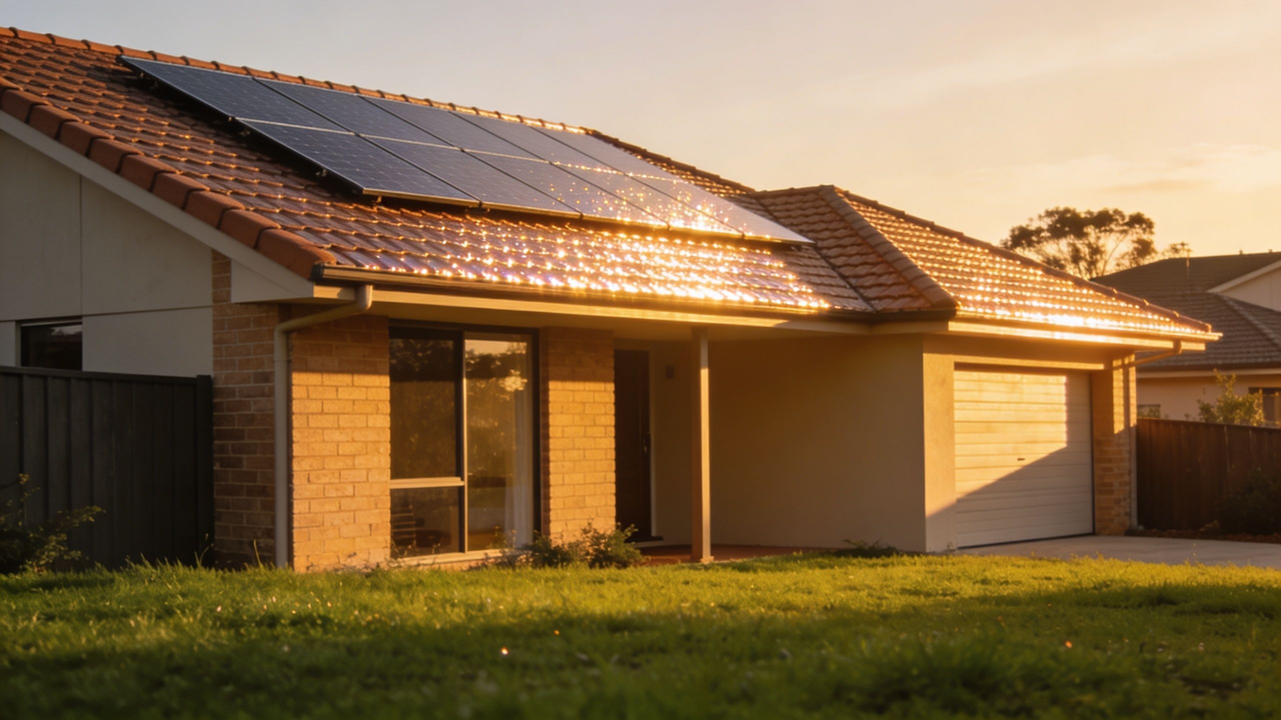 A modern suburban home with solar power tiles on the roof catching the warm golden sunset light.