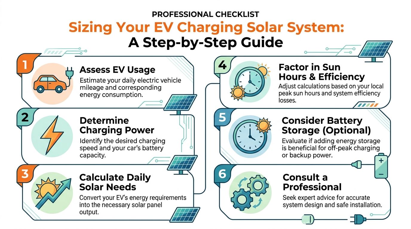 A professional checklist infographic showing six steps for sizing a solar power system for electric vehicles.