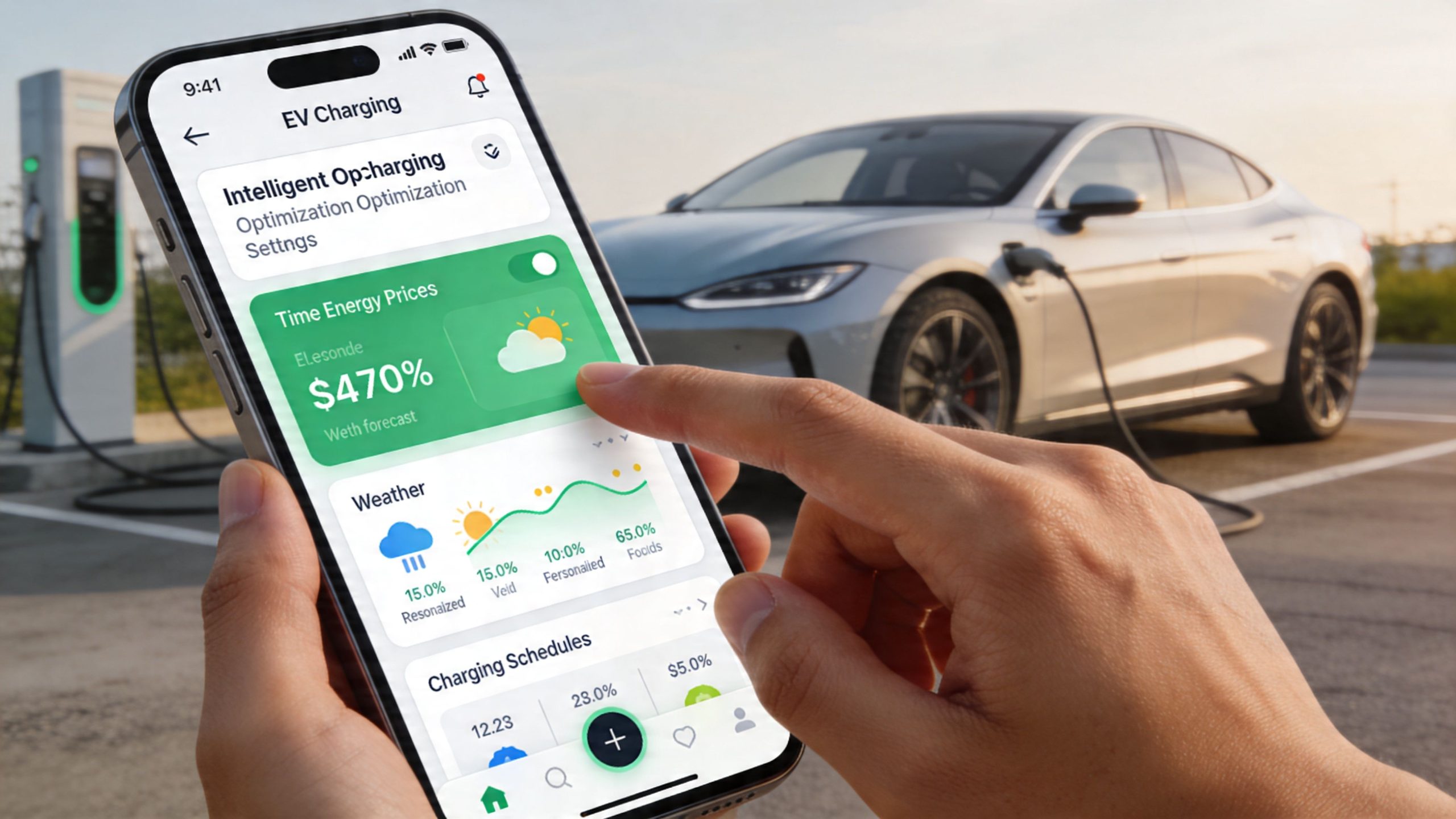 A person using a smartphone app to manage solar powered electric vehicle charging settings while outdoors.