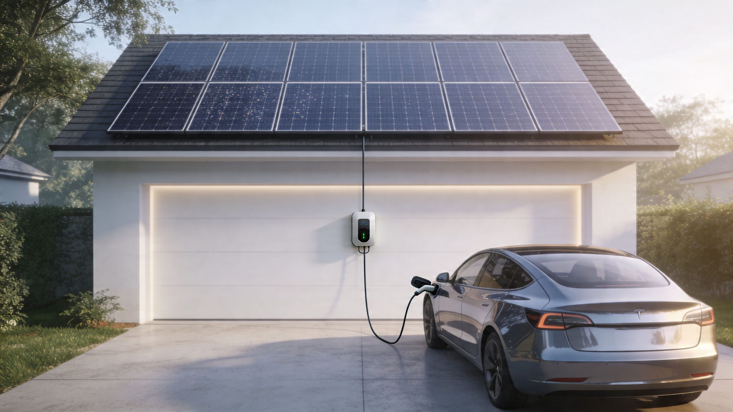 A modern electric vehicle charging at home using renewable solar energy from panels on the garage roof.