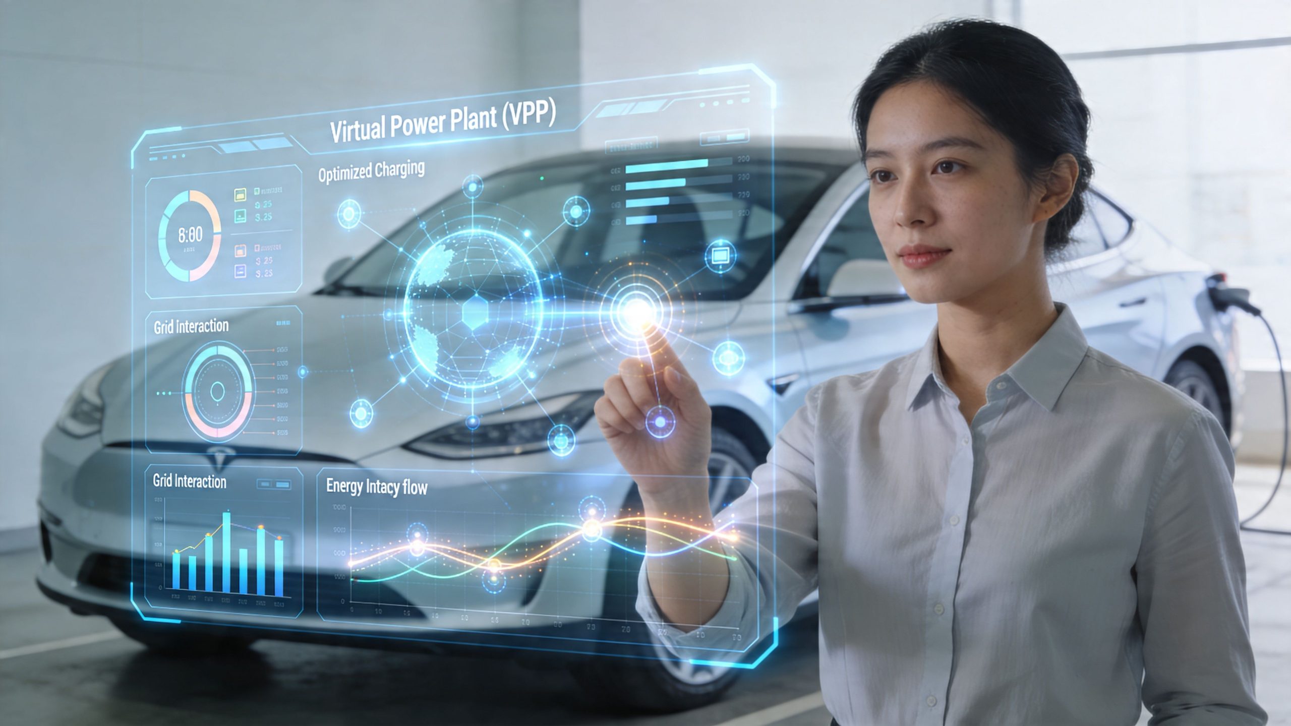 A businesswoman interacts with a holographic interface displaying Virtual Power Plant data for electric vehicle charging.