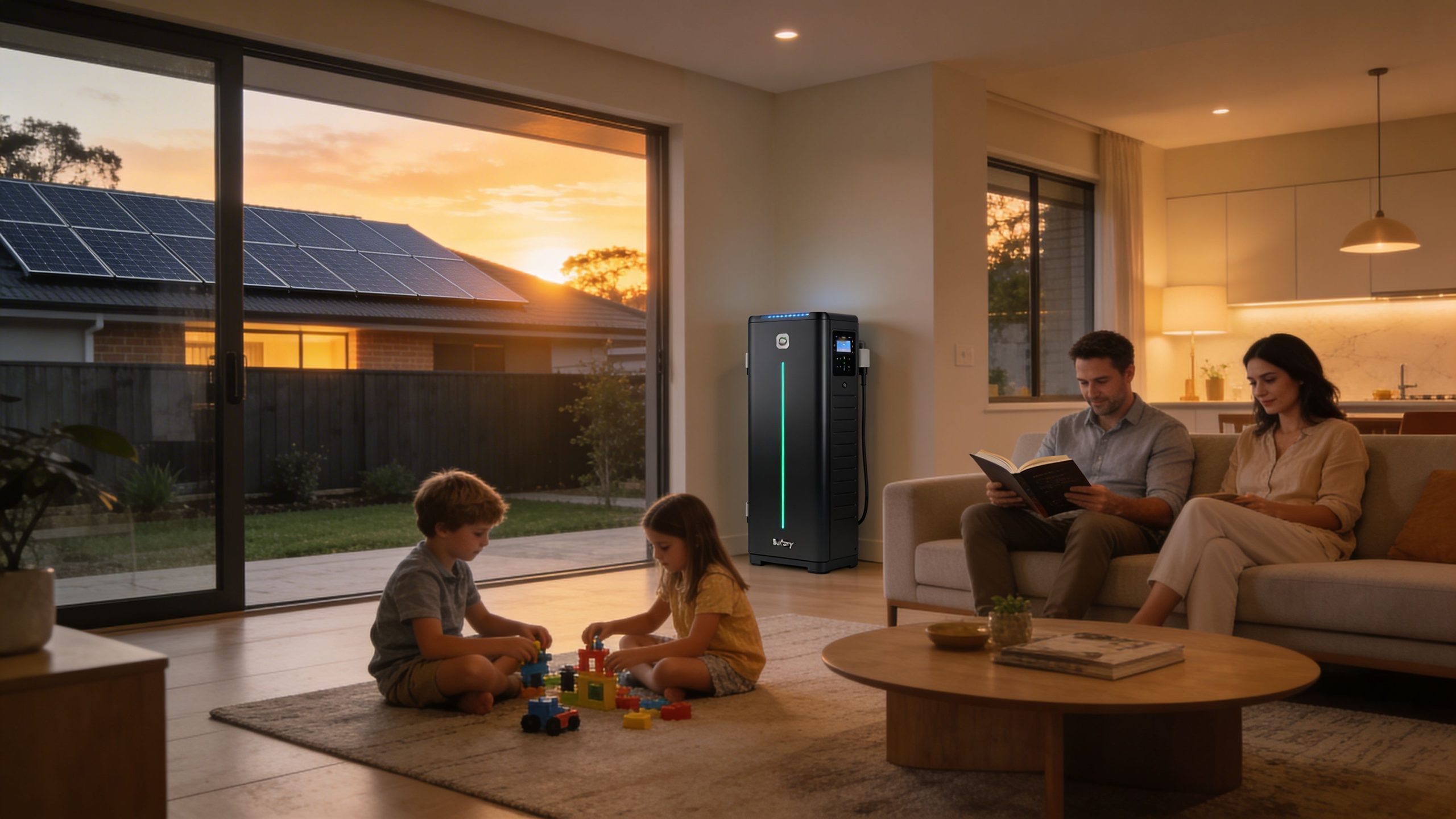 A family relaxes in a bright living room powered by a modern home solar battery system.