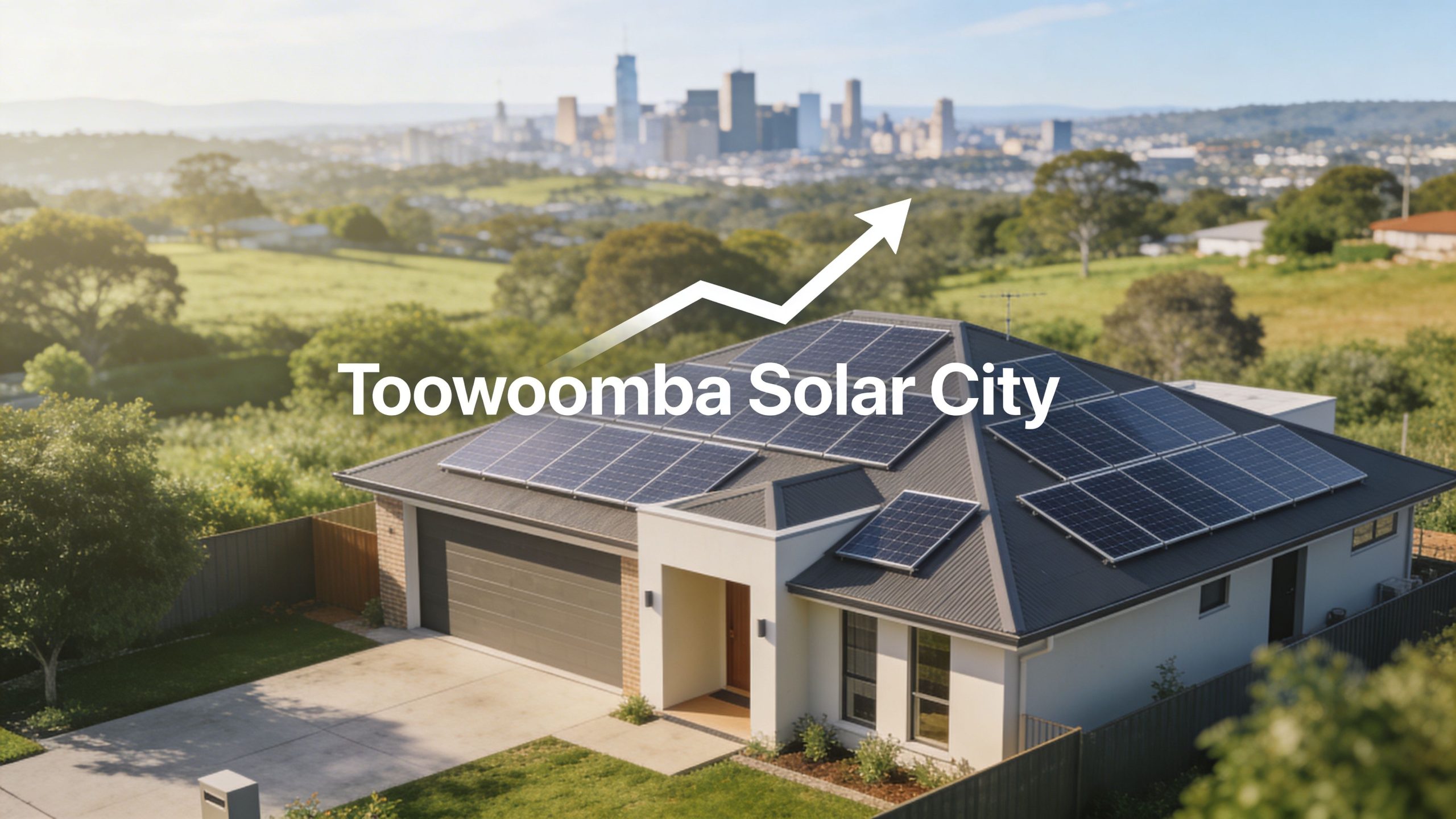 A modern house with rooftop solar panels in front of a distant city skyline under sunny skies.