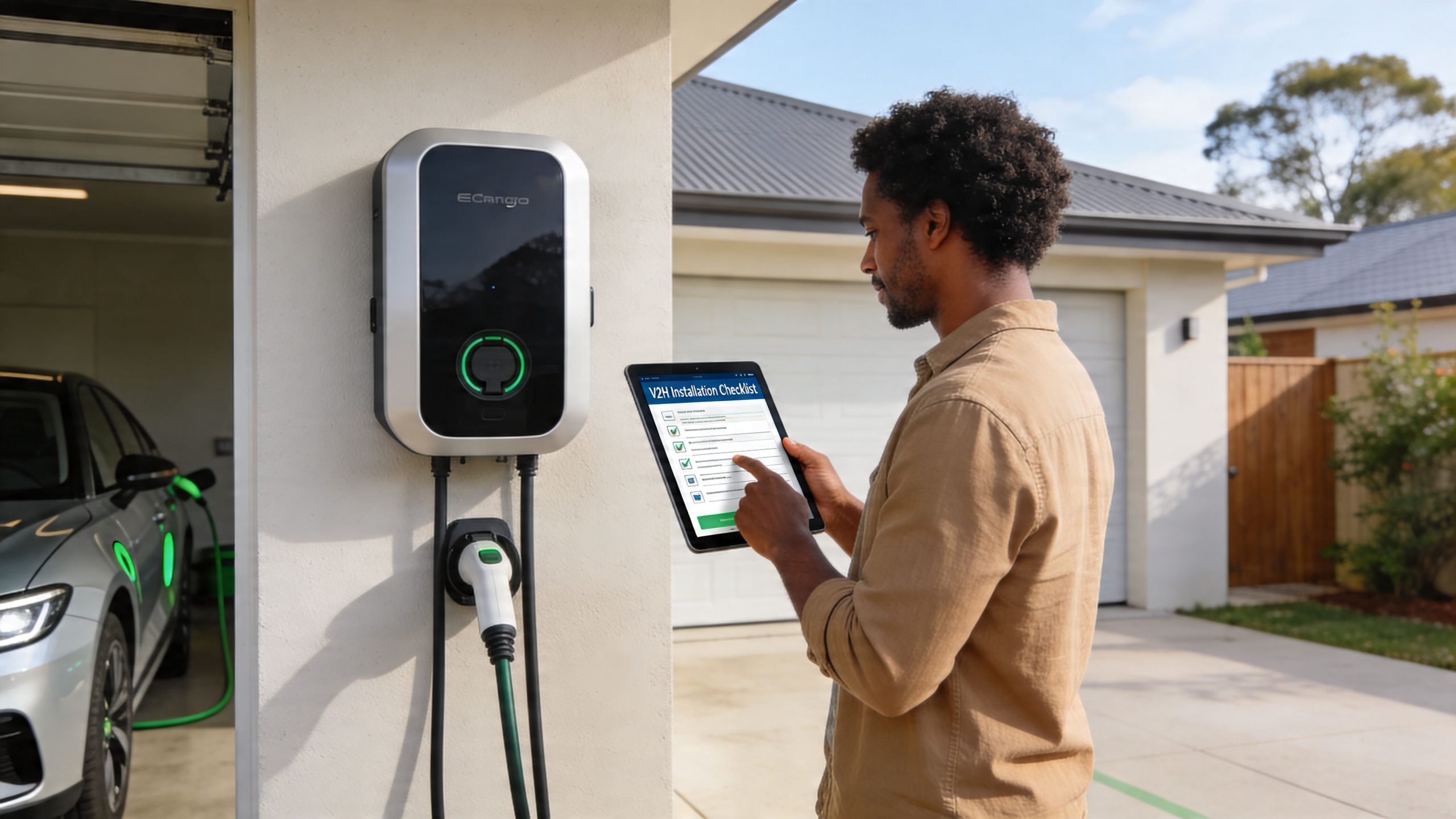 A man checking a V2H installation checklist on a tablet next to an electric vehicle charger.
