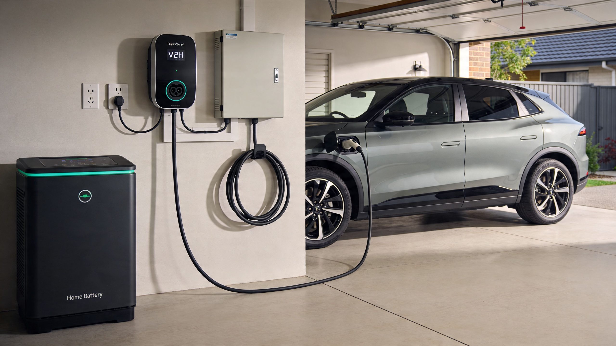 An electric car charging in a garage next to a wall-mounted V2H charging station and home battery.
