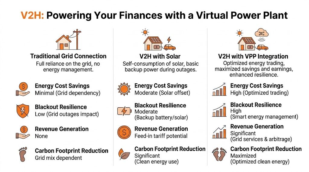 A comparison chart showing how V2H technology and VPP integration optimize energy savings and household resilience.