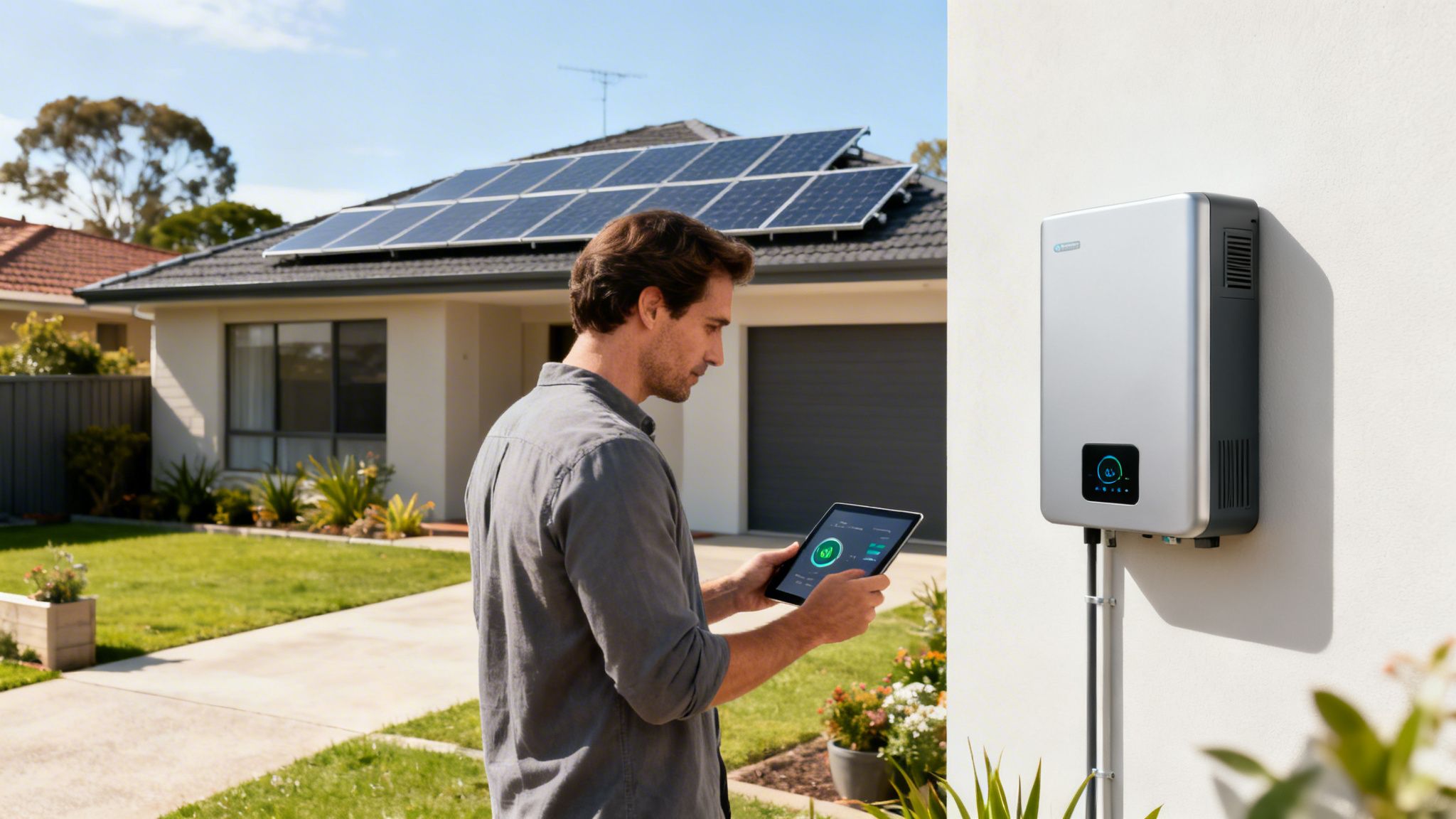 A man monitors his home's solar power and battery storage system on a tablet.