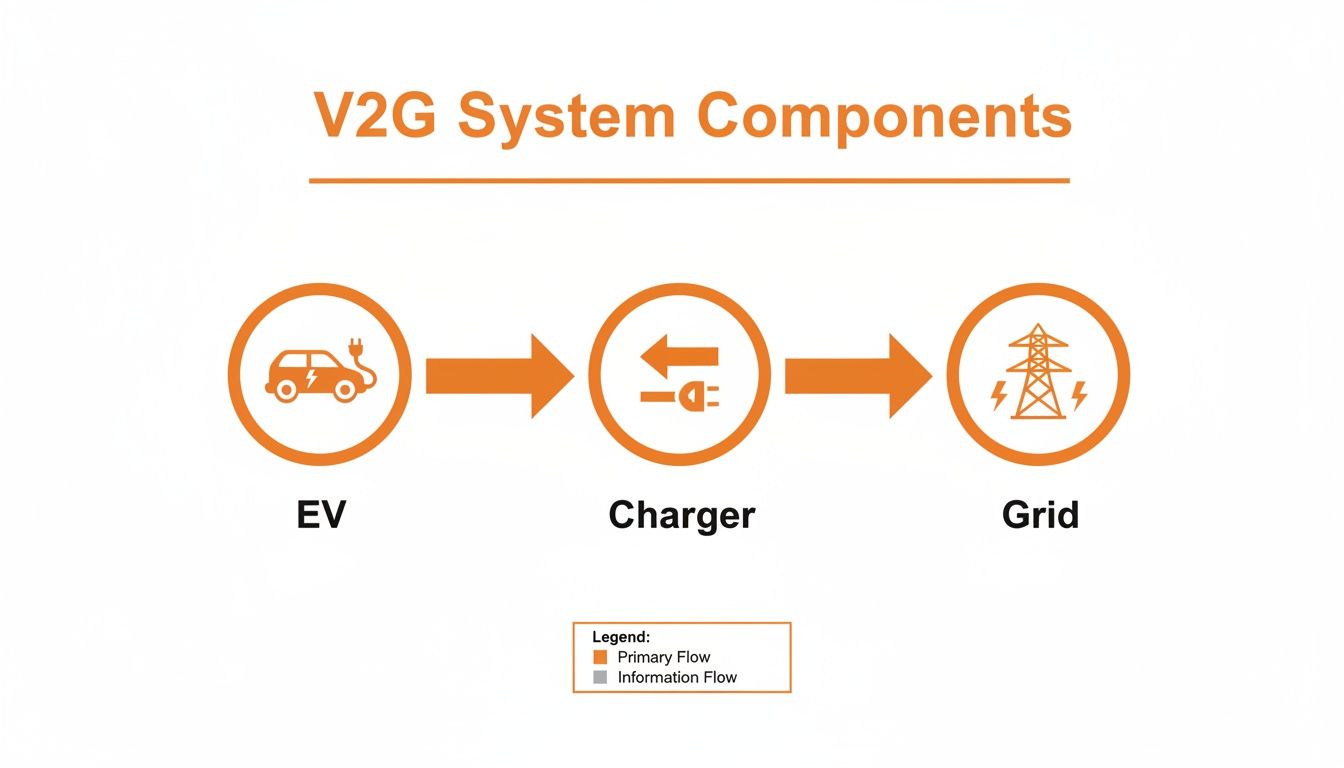 Diagram illustrating the core components of a V2G system: Electric Vehicle (EV), Charger, and Grid, showing primary energy flow.