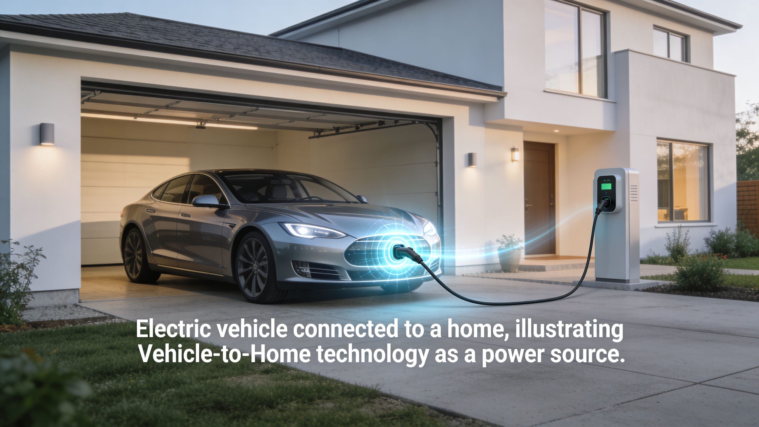 A modern electric vehicle parked in a garage and connected to a home charging station for power.