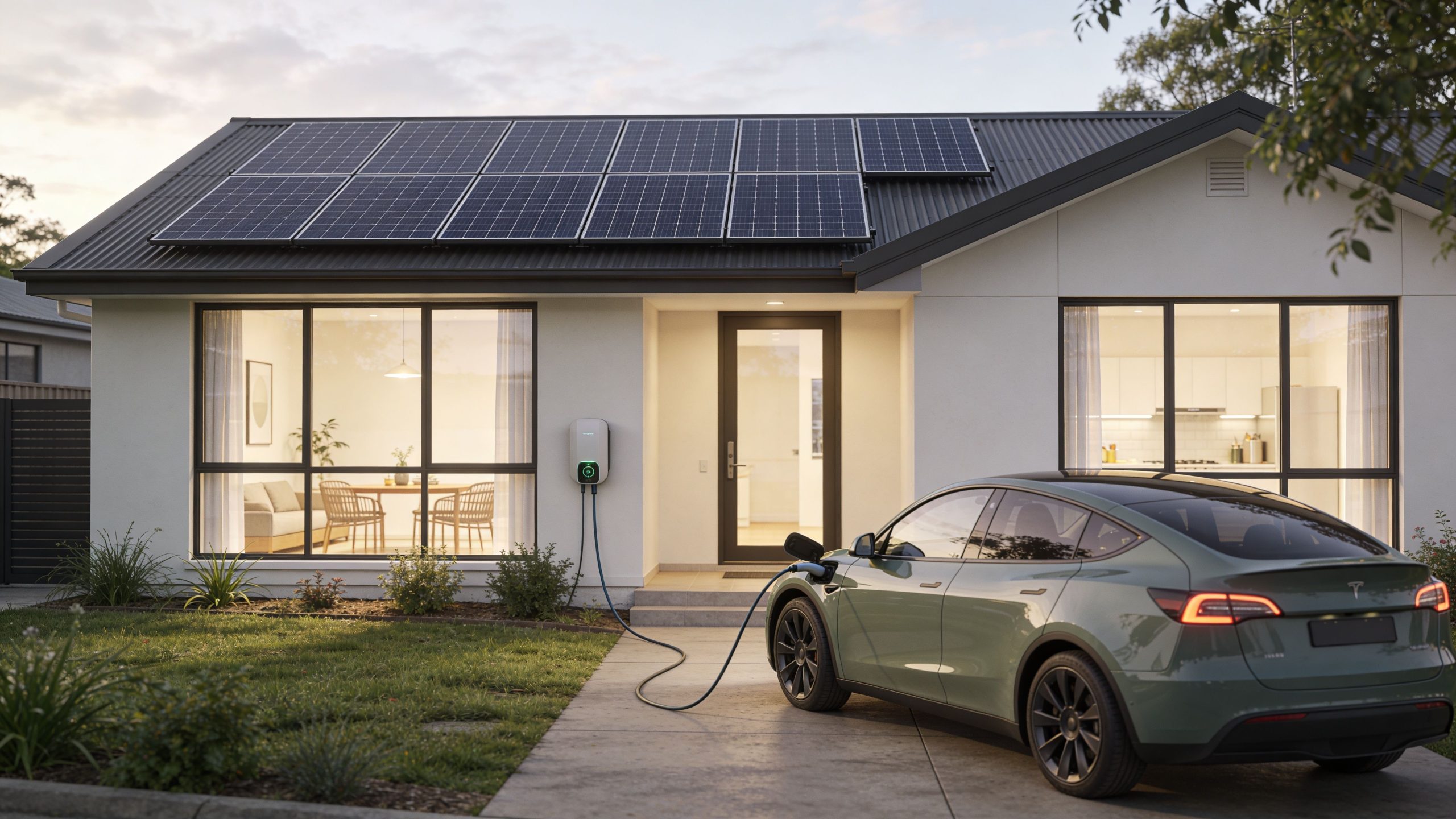 A modern electric car charging at home using solar energy panels on the house roof.