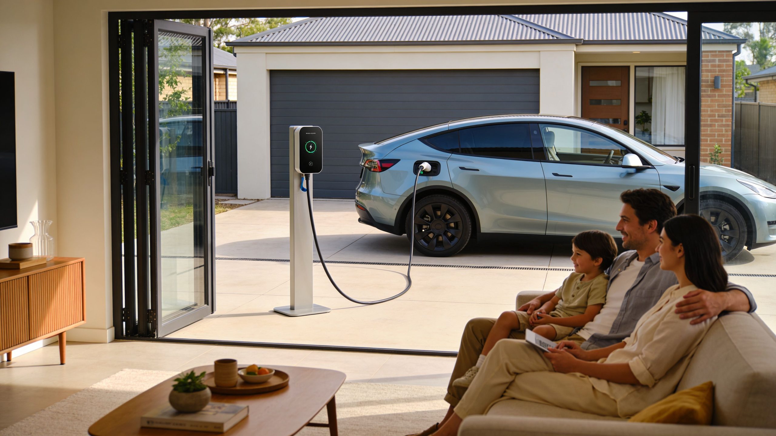 A family relaxing in their living room while their electric vehicle charges outside through a home charger.