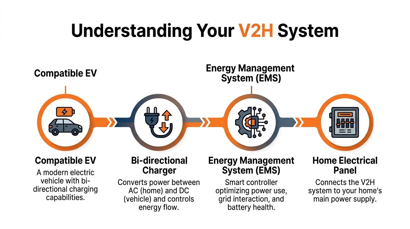 A diagram illustrating the four main components of a Vehicle to Home energy system and how they connect.