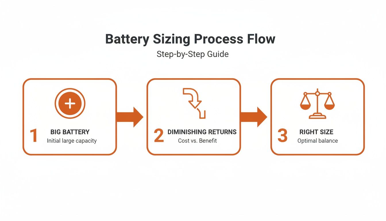 A three-step process flow for battery sizing, illustrating the journey from large capacity to optimal balance.