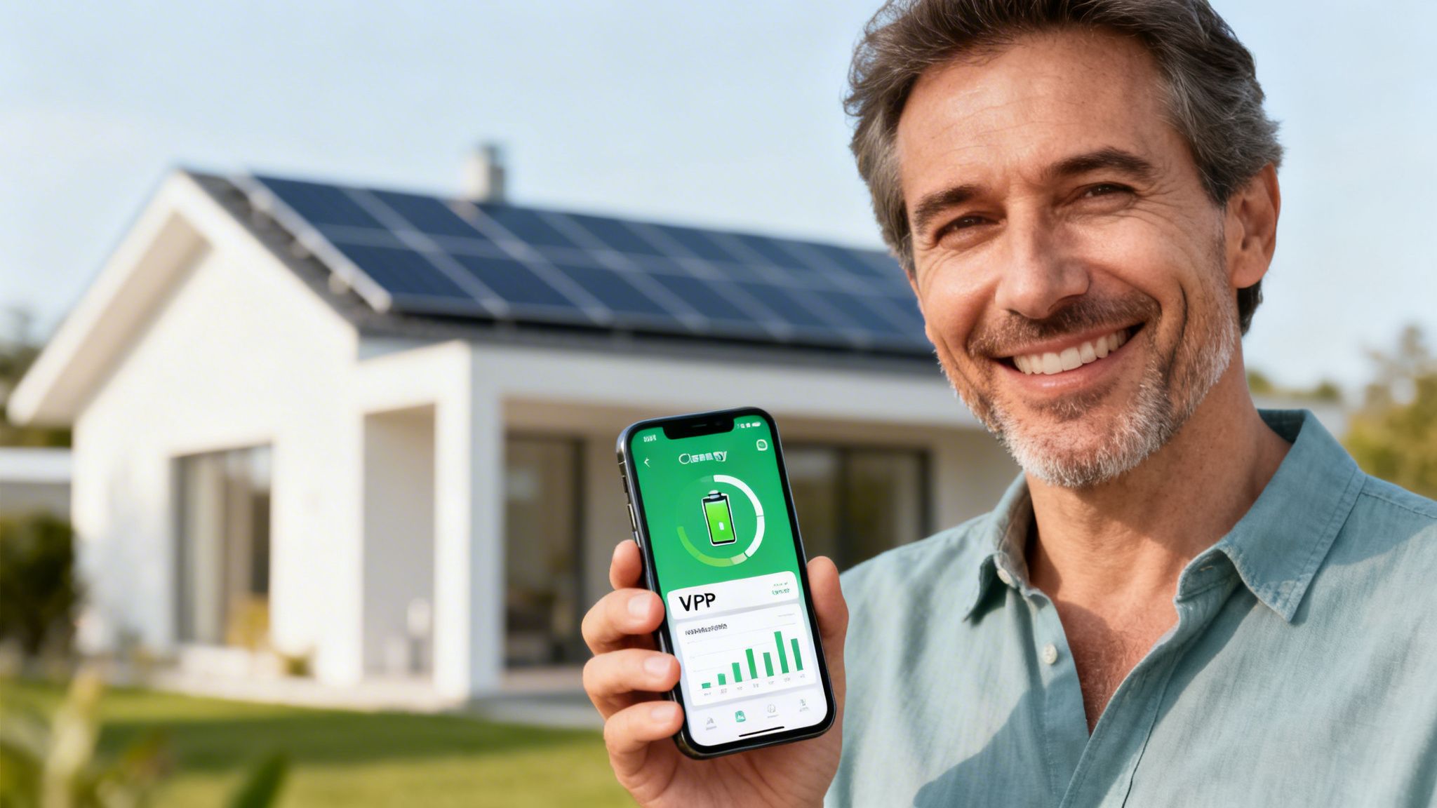 Smiling man holds a smartphone displaying a clean energy app, with a solar-paneled house behind him.
