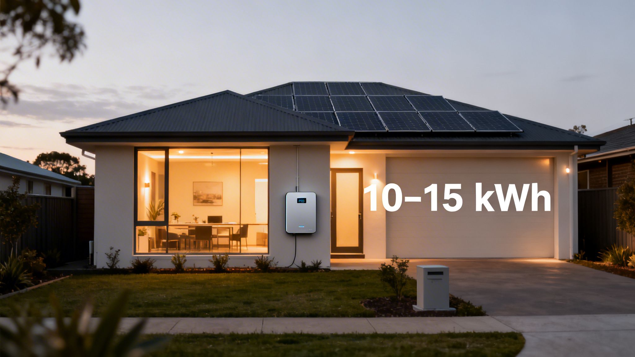 Modern home with solar panels and a visible 10-15 kWh home battery storage system.