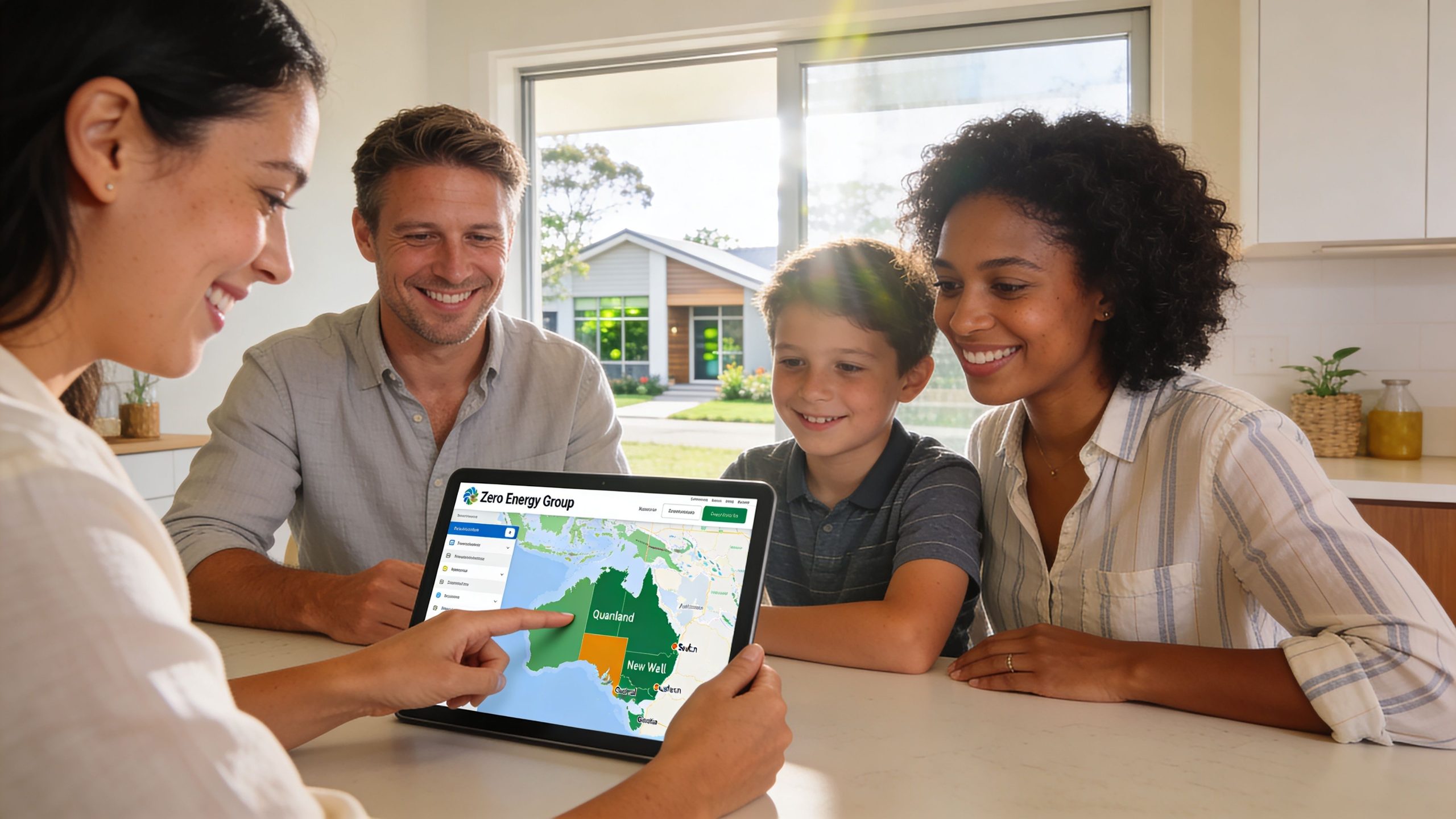A professional advisor presents energy project information on a tablet to a smiling family at home.