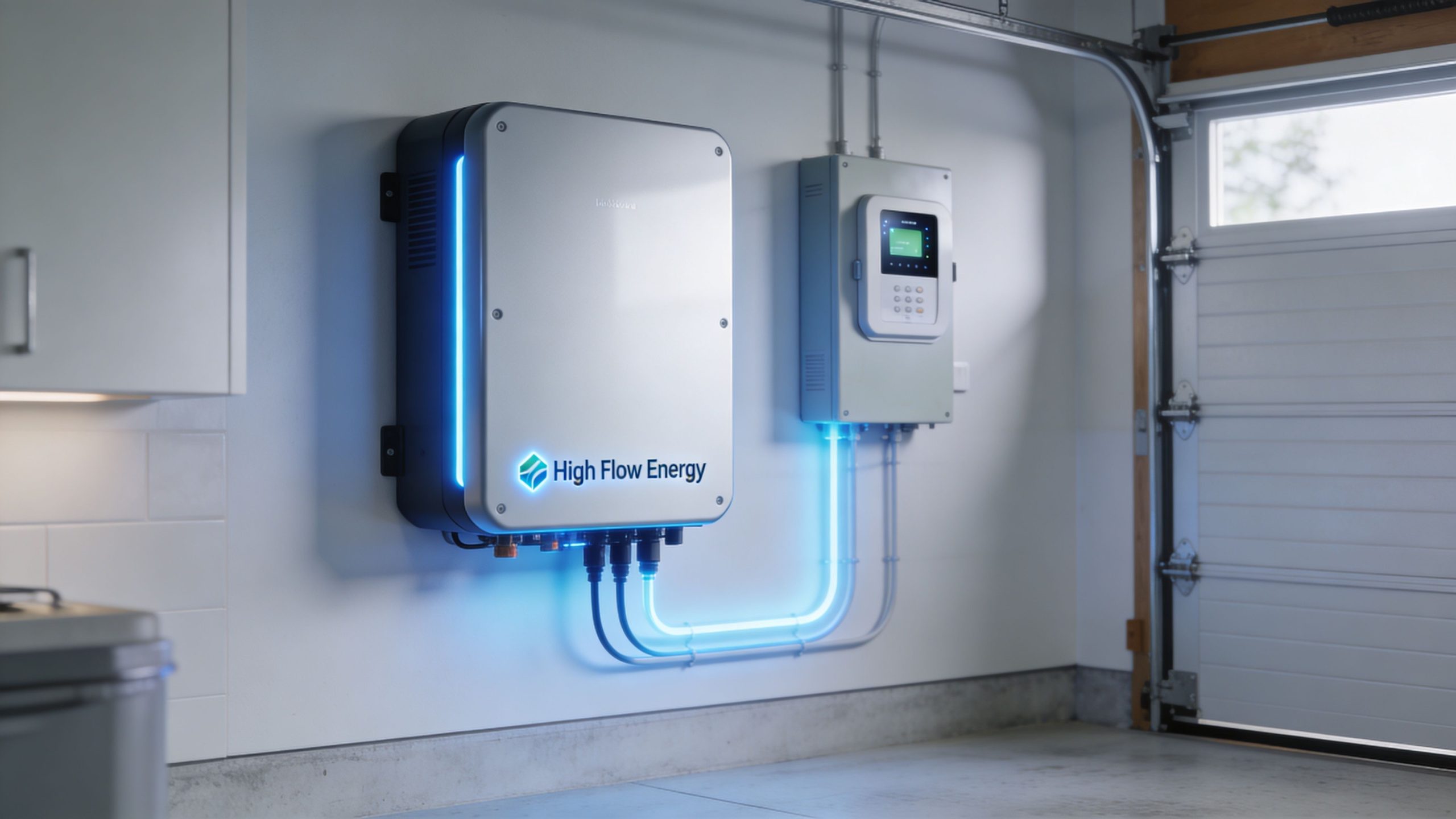 A modern High Flow Energy inverter wall-mounted in a garage with glowing blue power cable conduits.