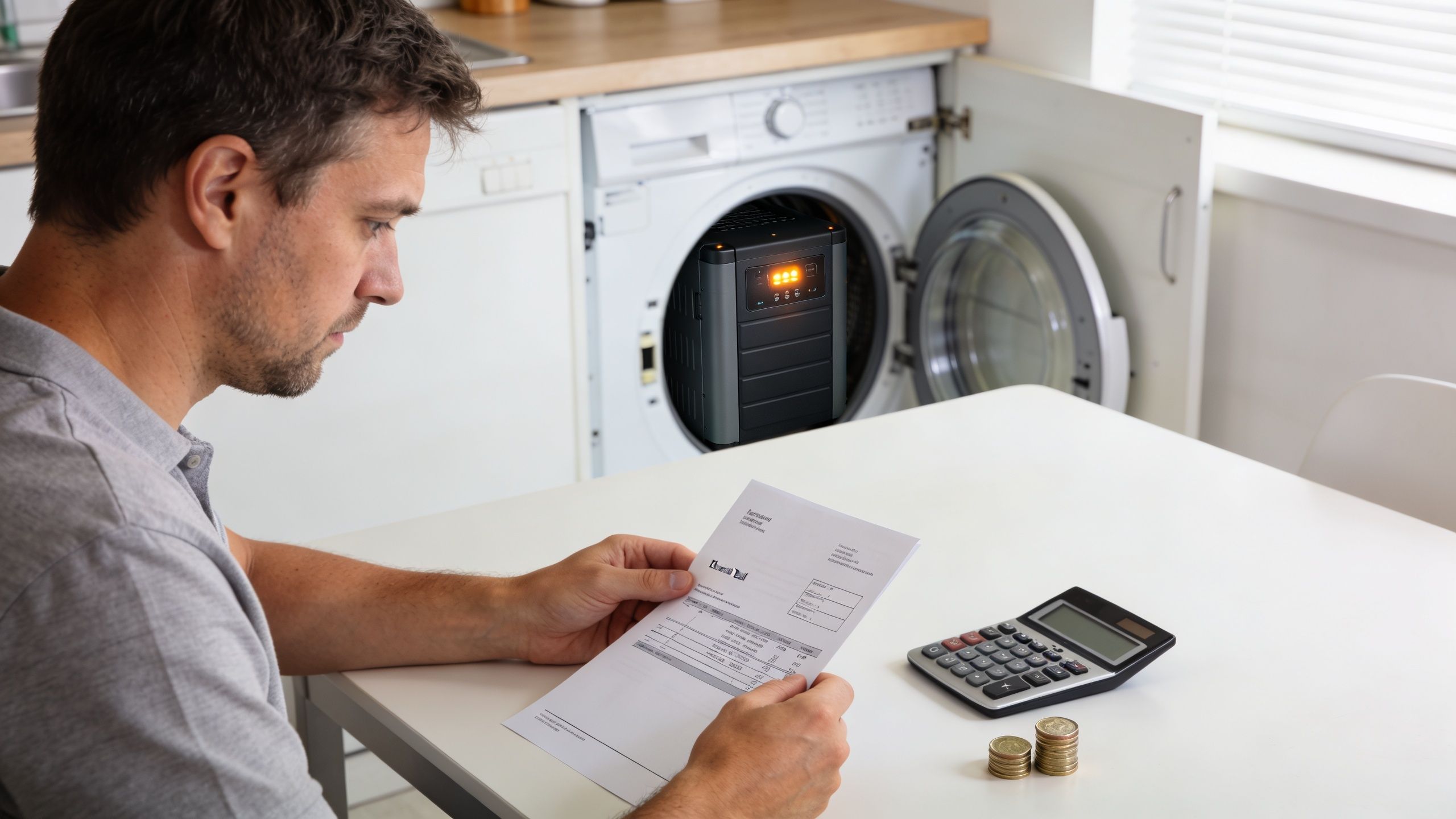 A man looks at a utility bill while a power storage unit sits inside his washing machine.