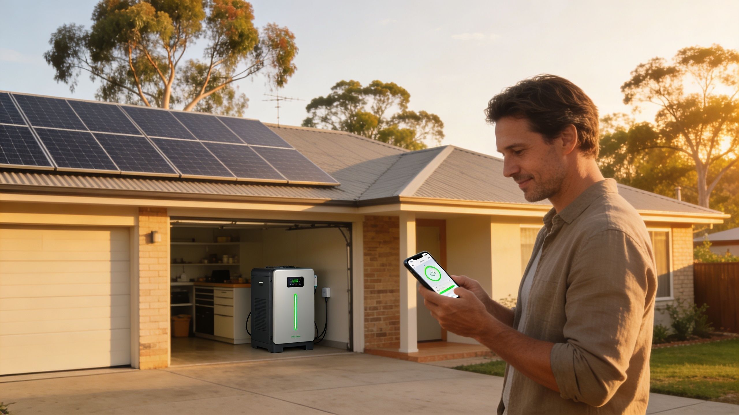 A man smiling while using a smartphone app to monitor a home solar battery system in his garage.