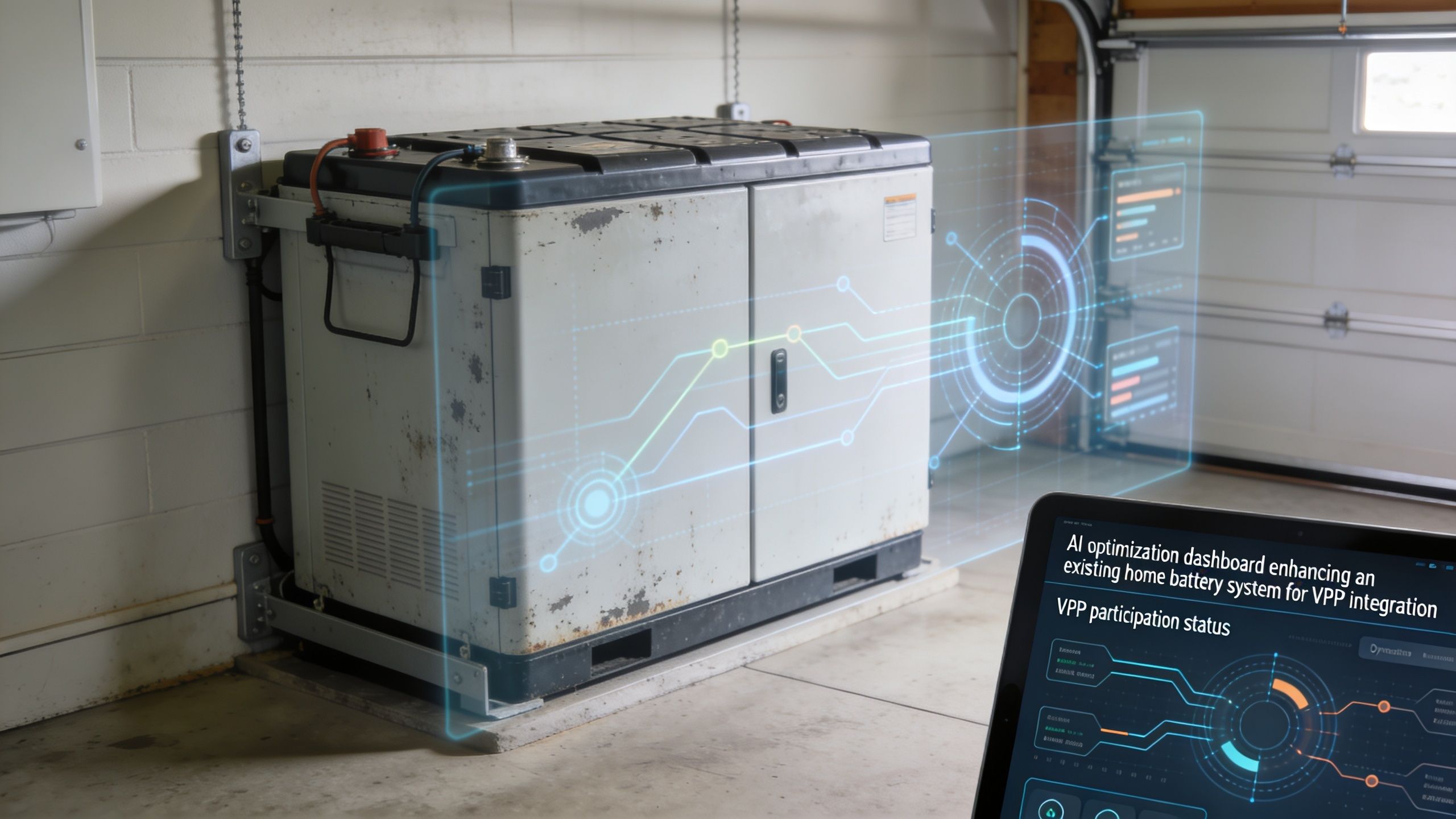 A digital dashboard showing AI optimization and VPP integration status for a home battery storage system.