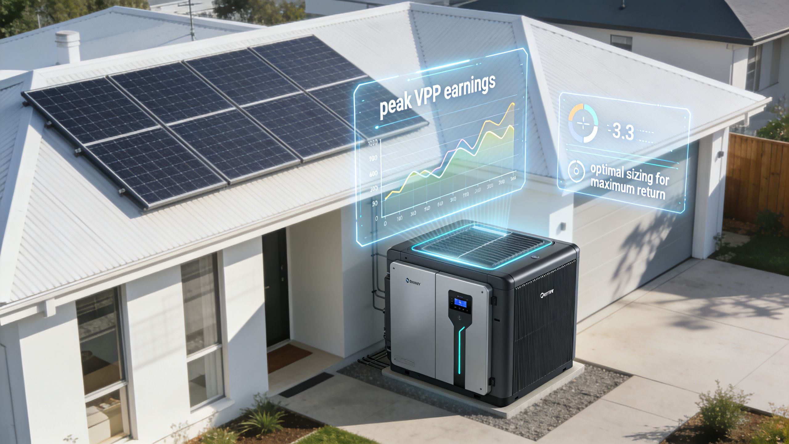 A modern home with rooftop solar panels and a smart battery storage system monitoring energy earnings.
