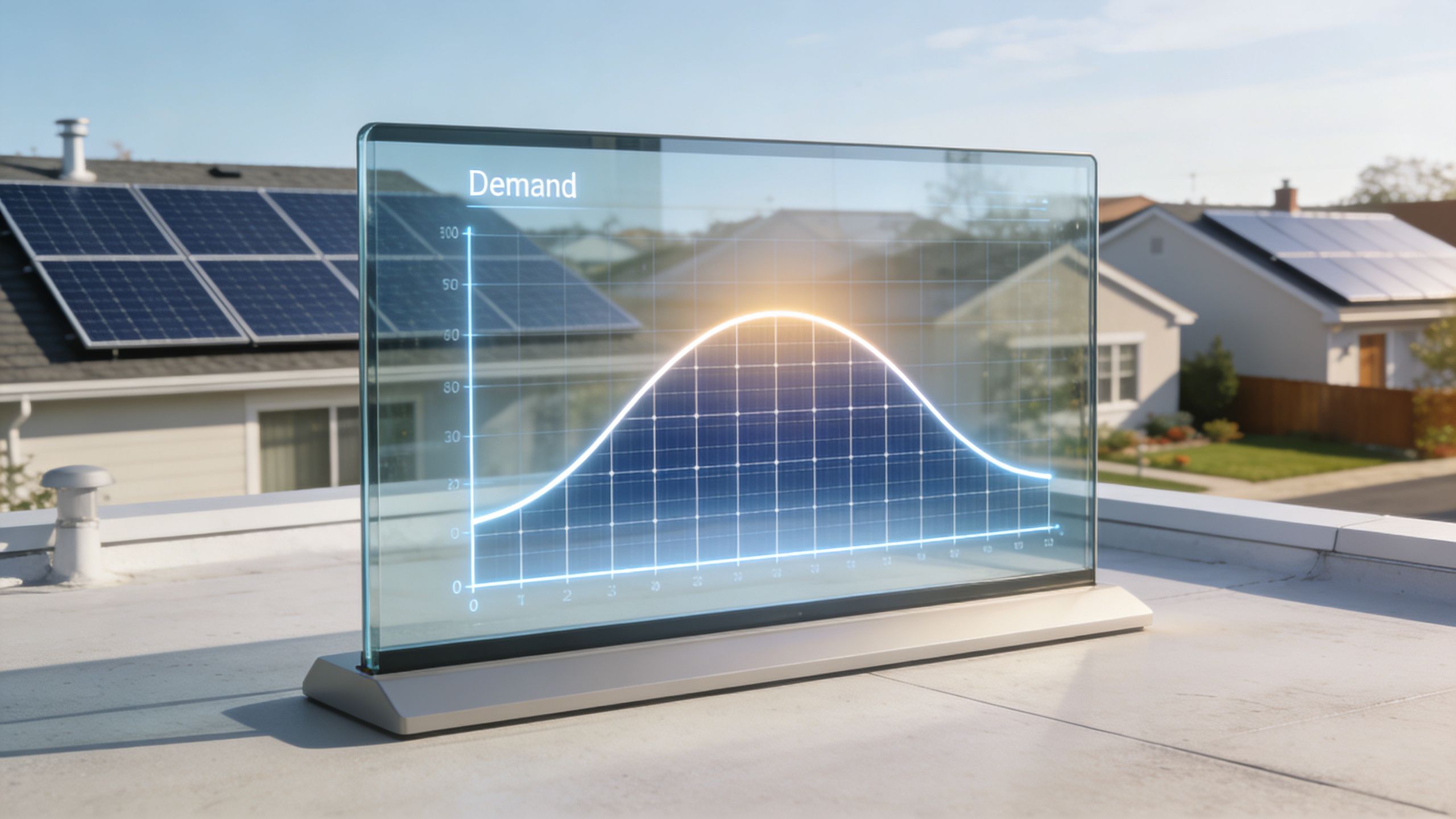 A transparent digital screen displays a demand graph on a rooftop with solar panels in the background.