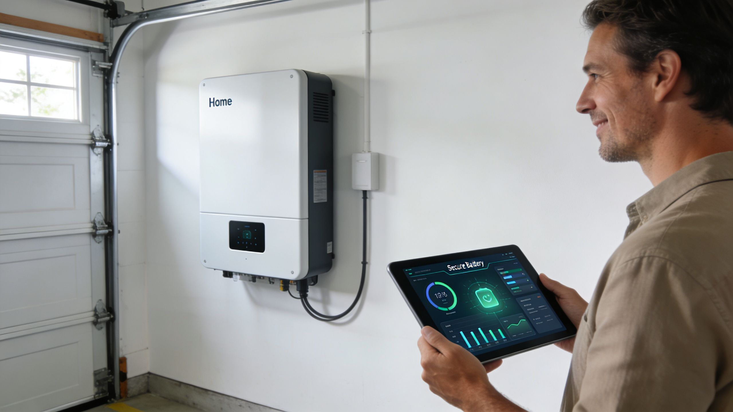 A man smiling while checking his home energy storage system's performance on a tablet.