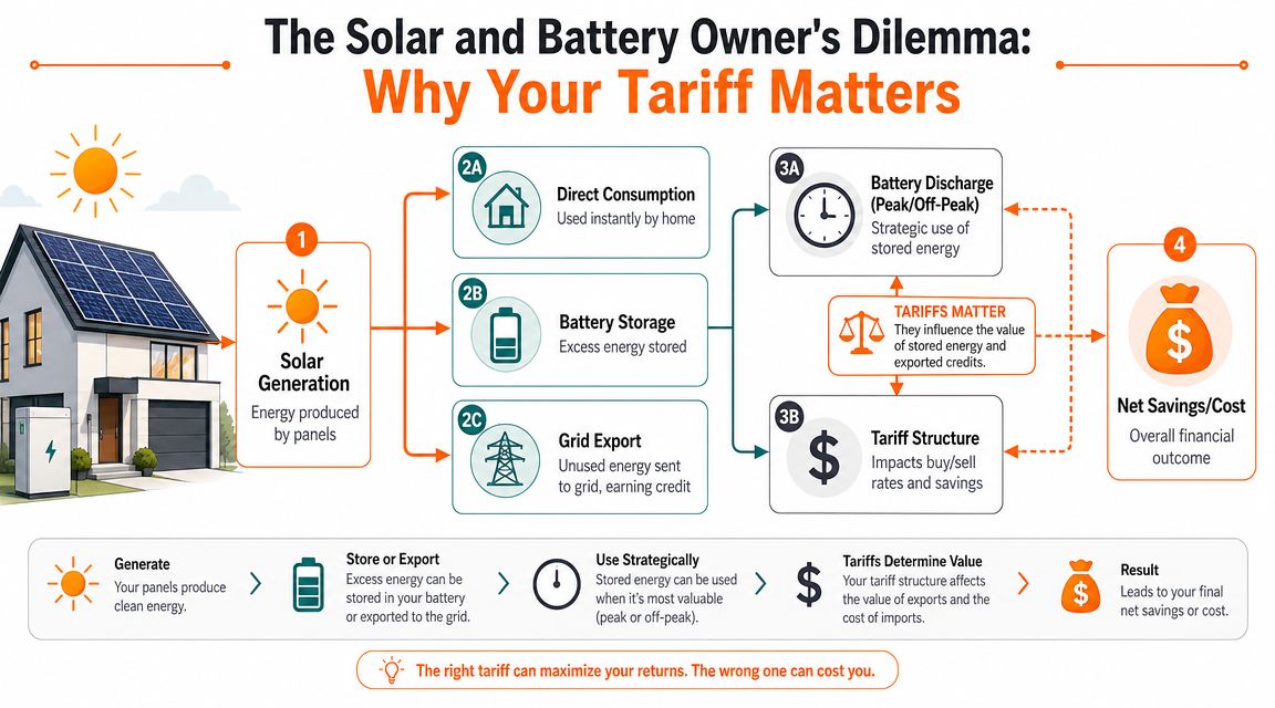 A diagram illustrating how solar power generation, battery storage, and electricity tariffs affect household net energy savings.