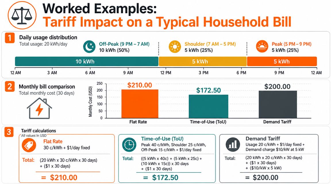 A comparison infographic showing electricity costs for a household using flat rate, time-of-use, and demand tariffs.