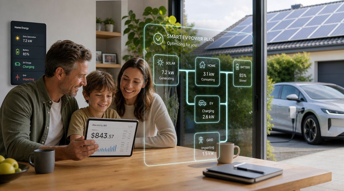 A happy family monitors their home energy usage and smart EV power plan on a digital interface.