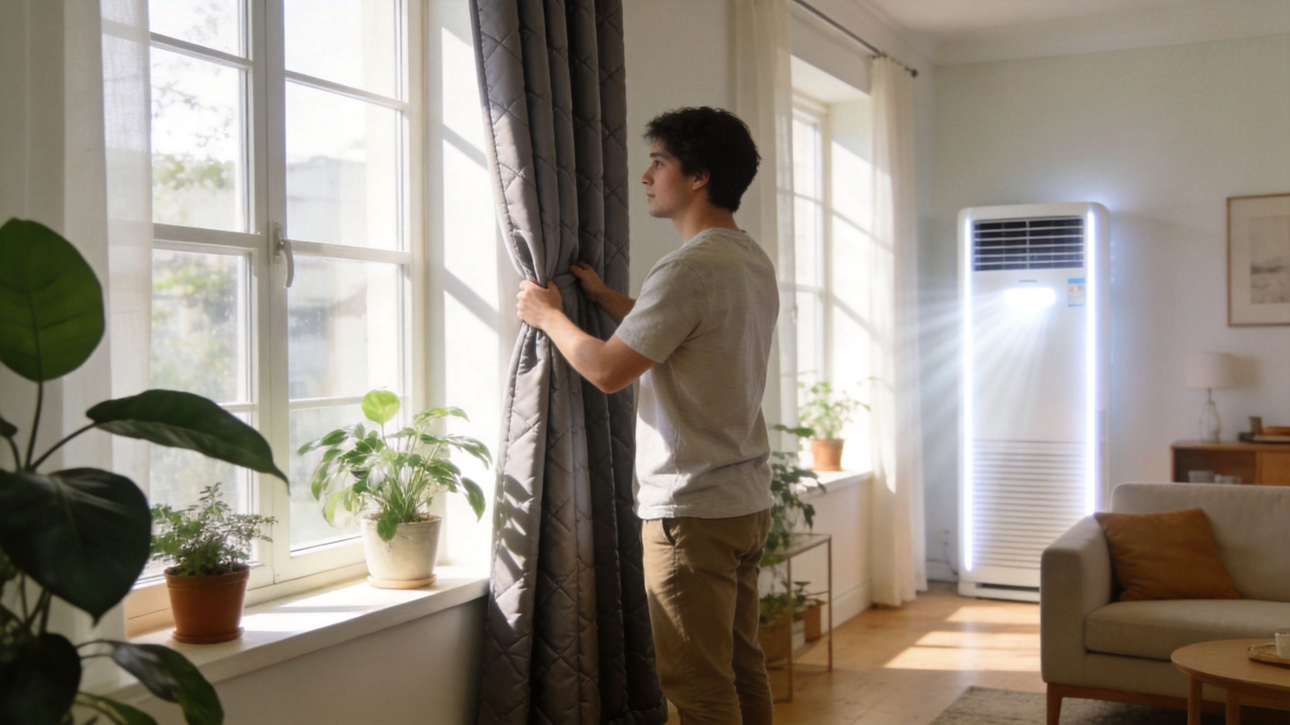 A young man standing in a bright living room adjusting grey curtains near a standing air conditioner.