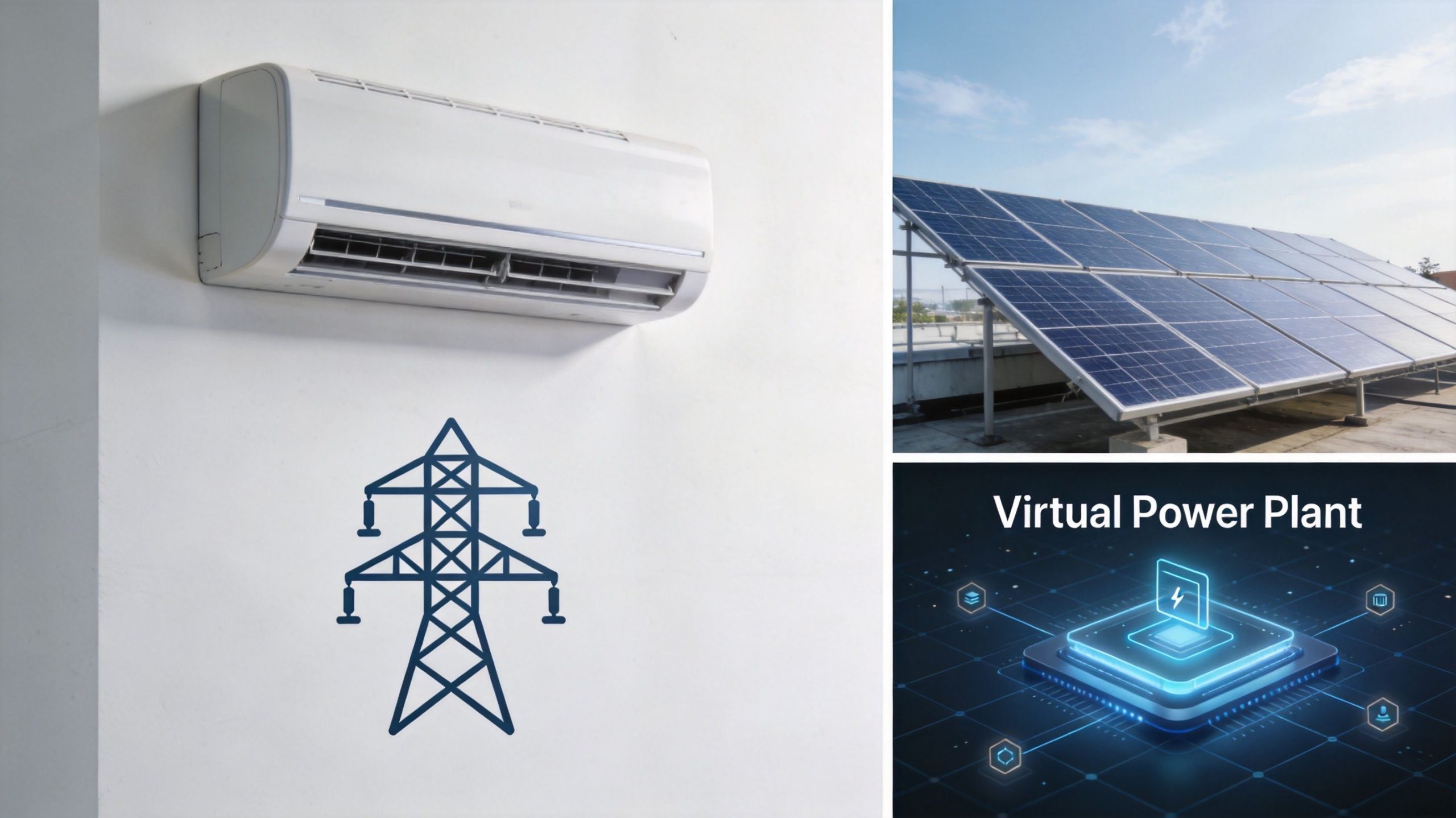 A split air conditioner, a solar panel array, and a digital Virtual Power Plant interface display.