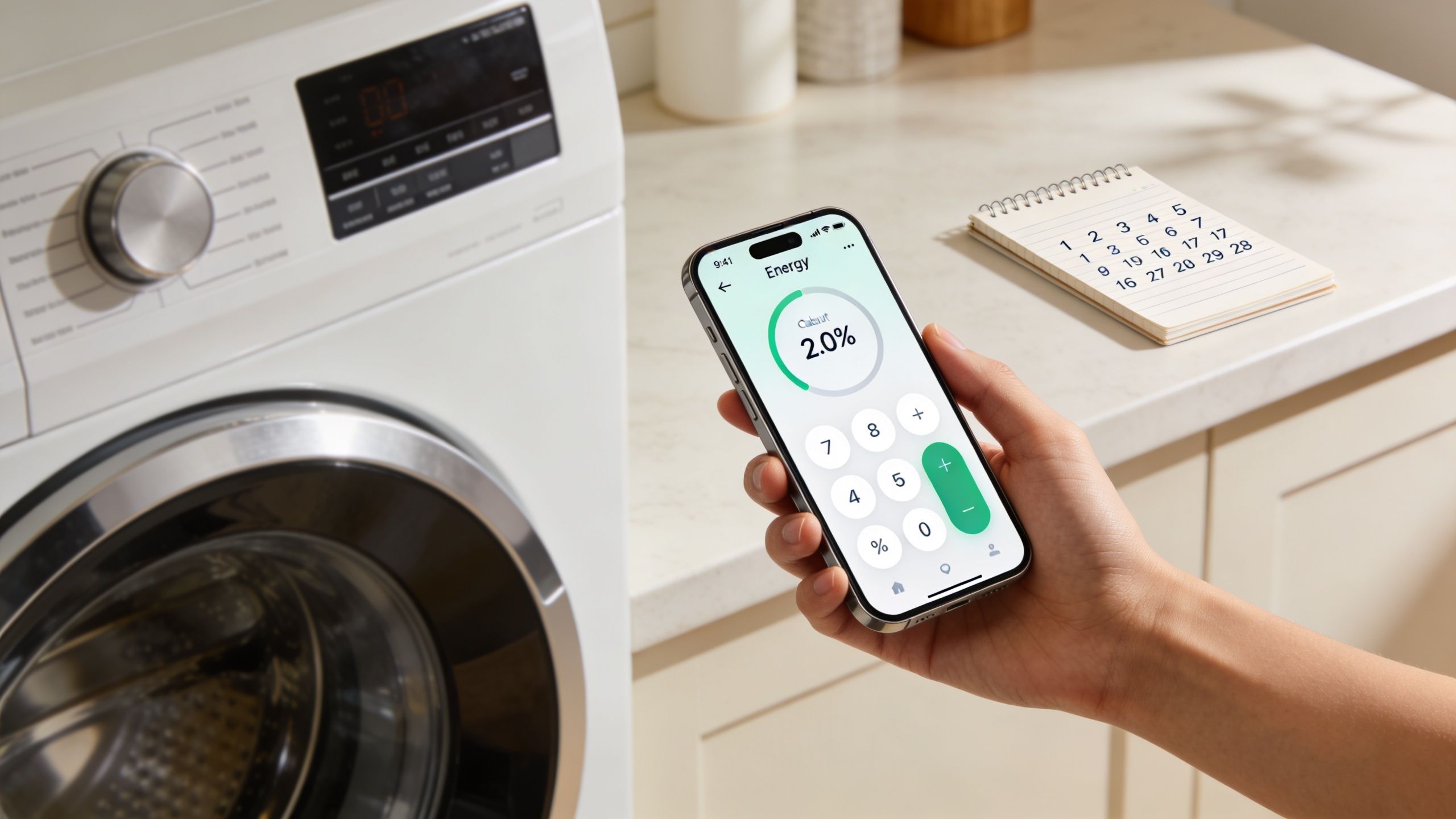 A person holding a smartphone showing an energy consumption app next to a white washing machine.