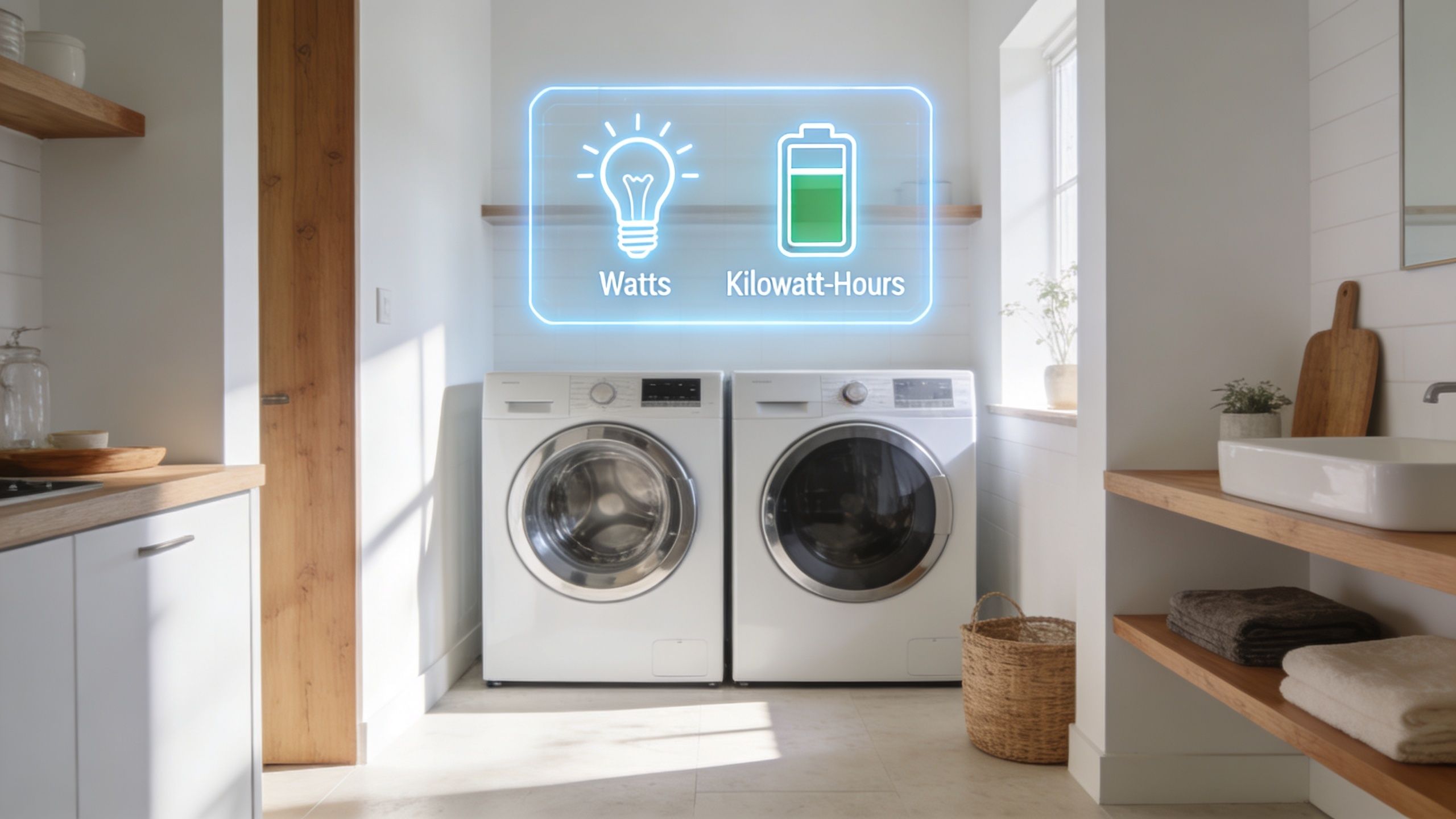 A bright laundry room featuring white washing machines with a glowing digital overlay showing energy consumption symbols.