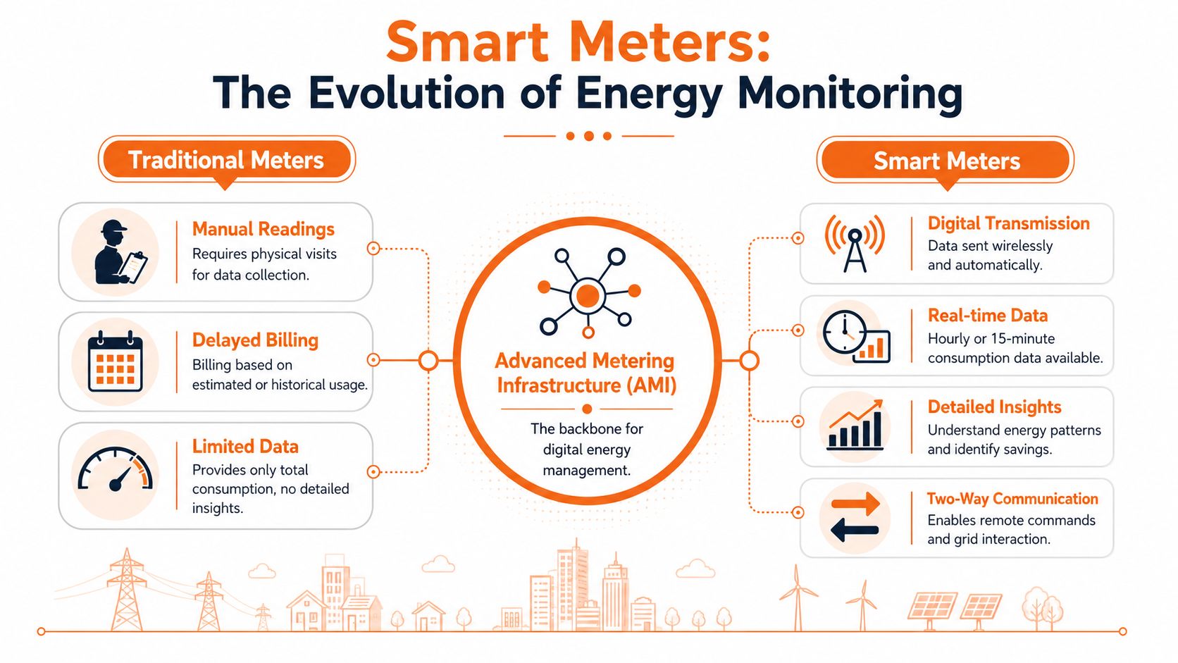 An infographic comparing traditional energy meters to modern smart meters using advanced metering infrastructure for efficiency.