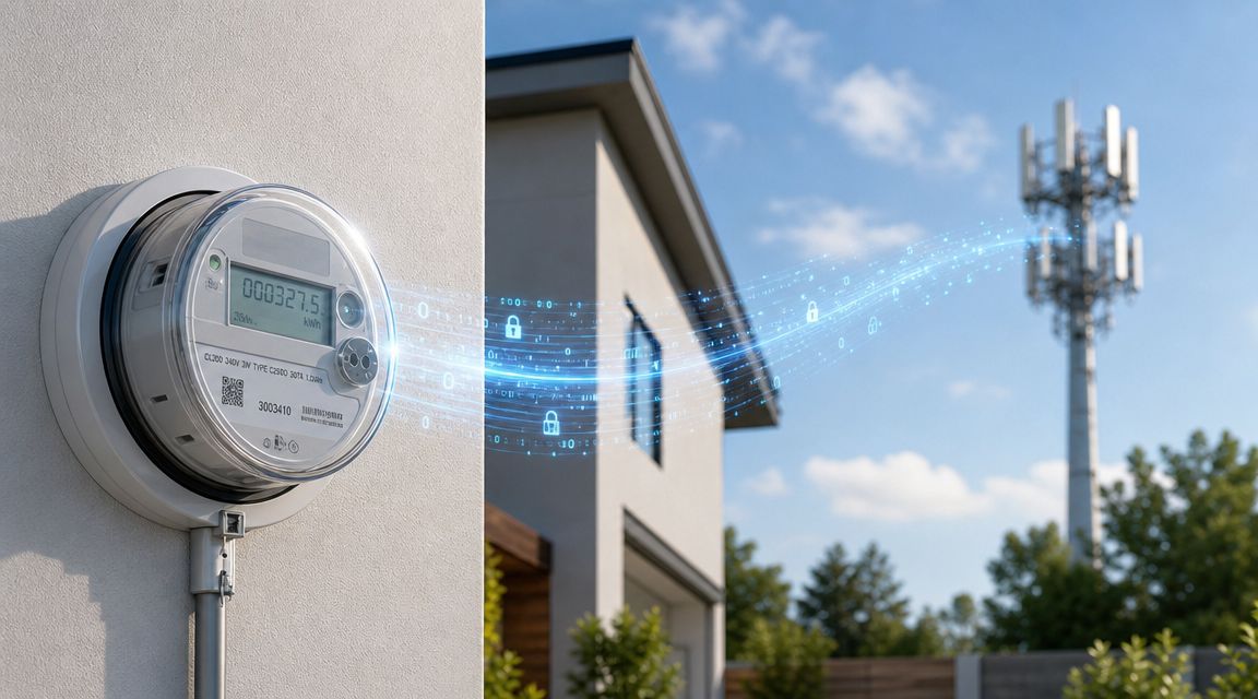 A digital smart meter on a house wall transmitting energy usage data to a cellular tower.