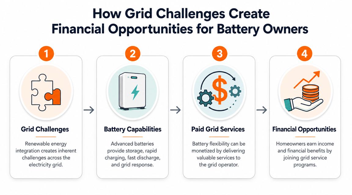 A four-step infographic illustrating how renewable energy challenges create financial income opportunities for battery owners.