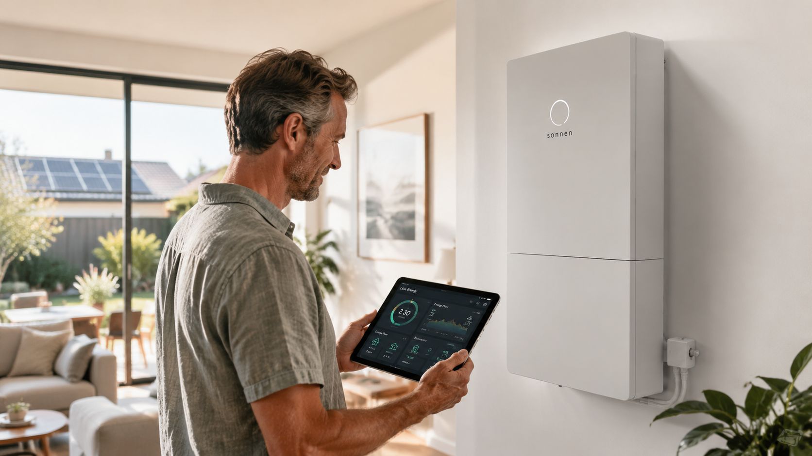A man monitors his home renewable energy system using a digital tablet while standing indoors.