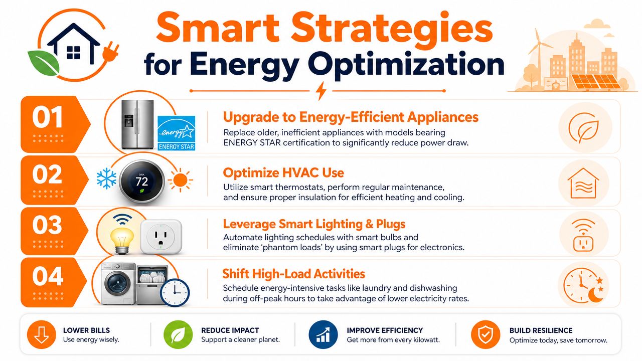An infographic detailing four smart strategies for optimizing home energy usage to reduce bills and environmental impact.