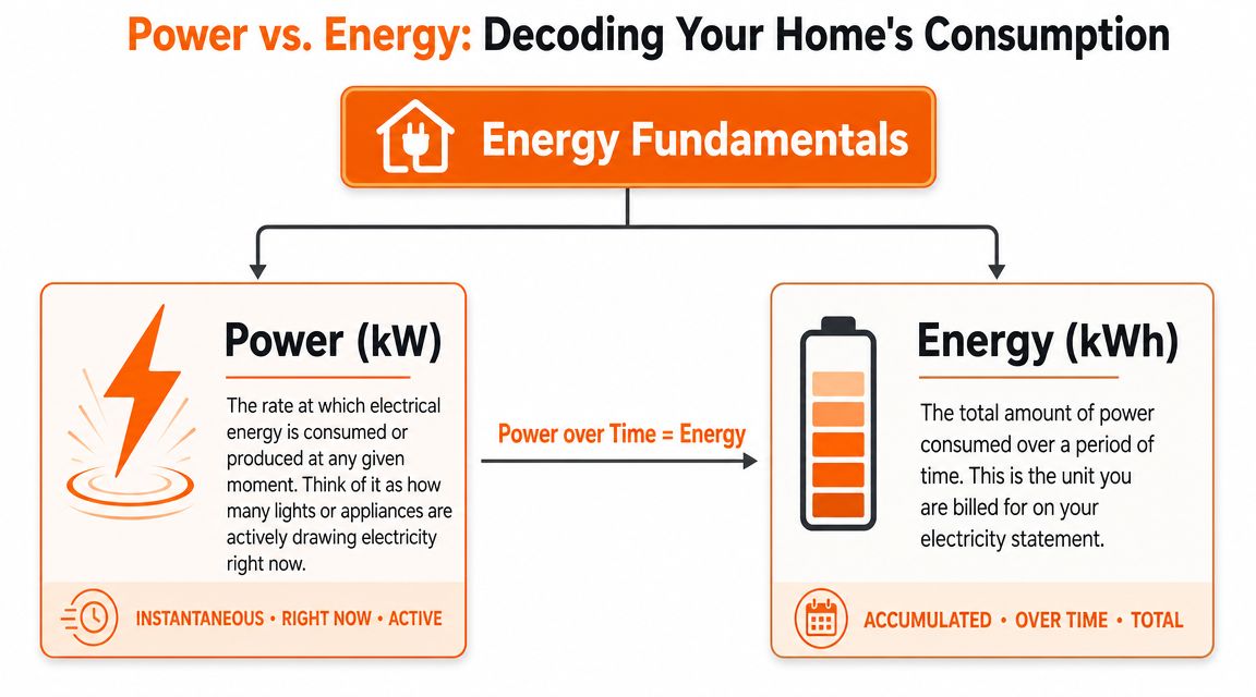 A diagram comparing power in kilowatts versus energy in kilowatt-hours to explain home electricity consumption concepts.
